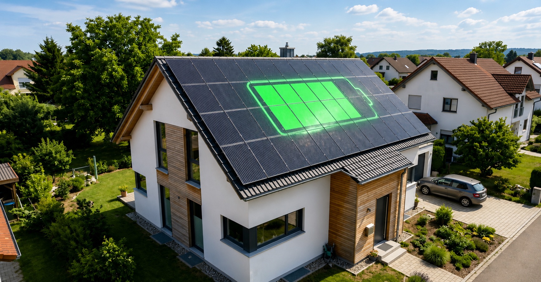 Illustration eines Hausdachs mit Photovoltaikmodulen